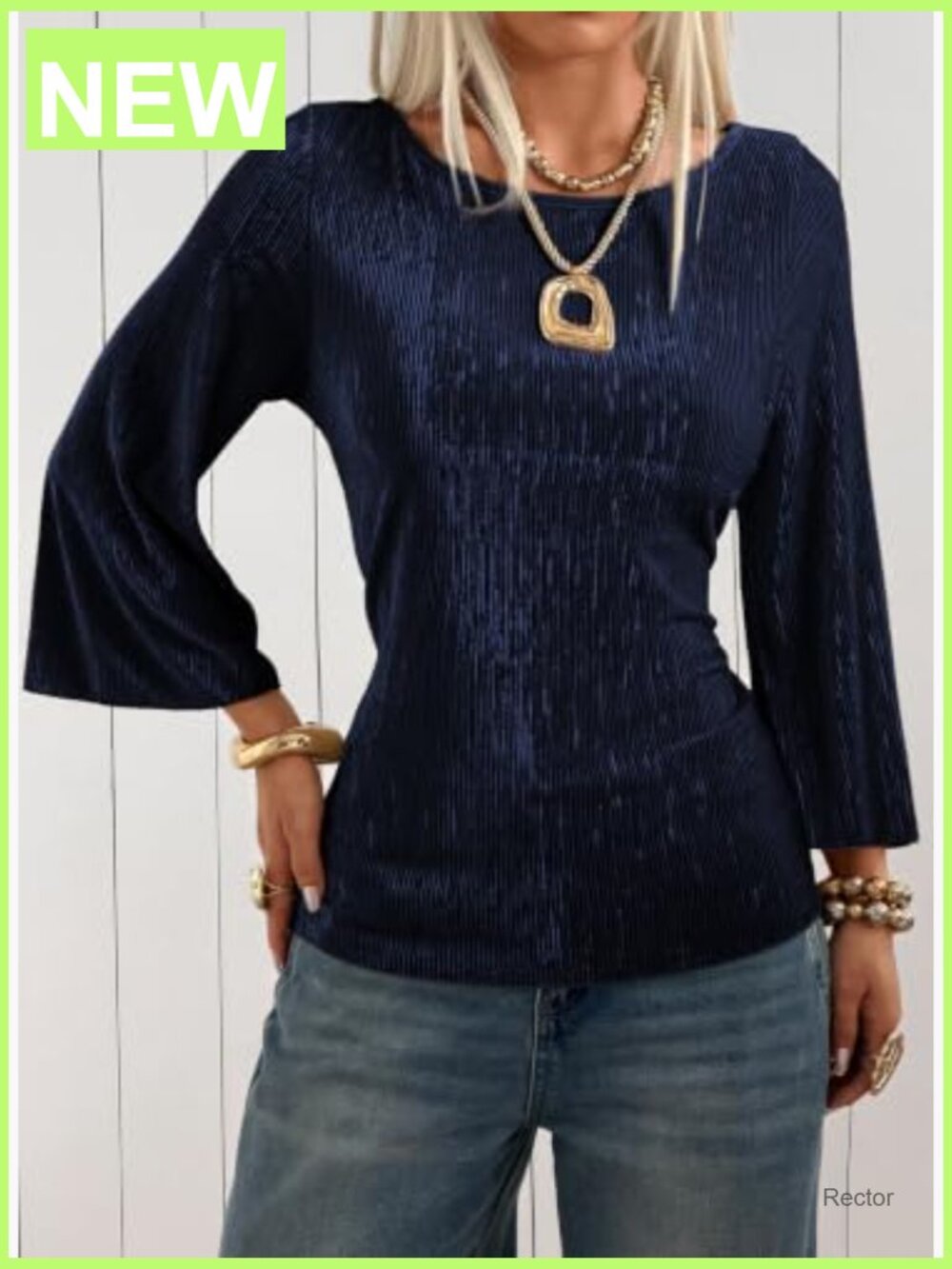 Womens Ribbed Knit 3/4 Bell Sleeve Boat Neck Ruched Waist Fitted Tee Top - Picture 6 of 7